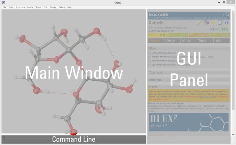 A Screenshot of the Olex2 GUI, identifying the three main areas.