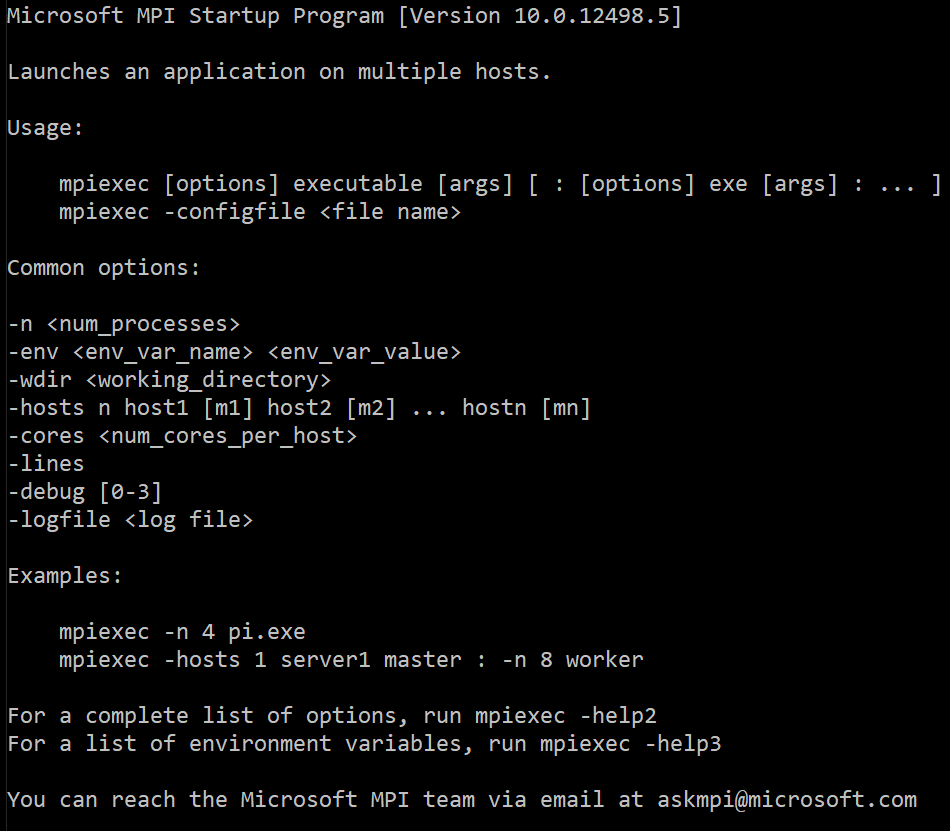 This is how the mpiexec output looks like on Windows