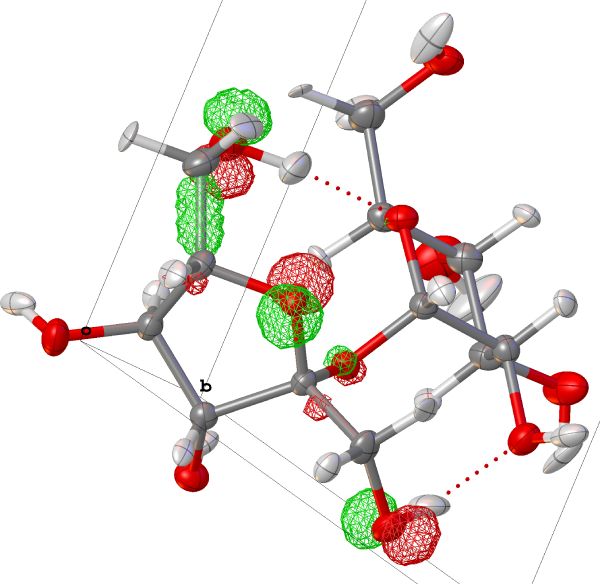 Example plot of isusurfaces of a Molecular Orbital (MO) &ndash; Nr. 90 of occupied orbitals for sucrose